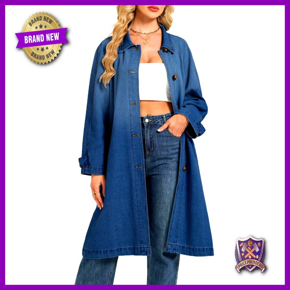 Denim Trench Coat Oversized Midi Long Duster Casual Jacket Chic Retro Style